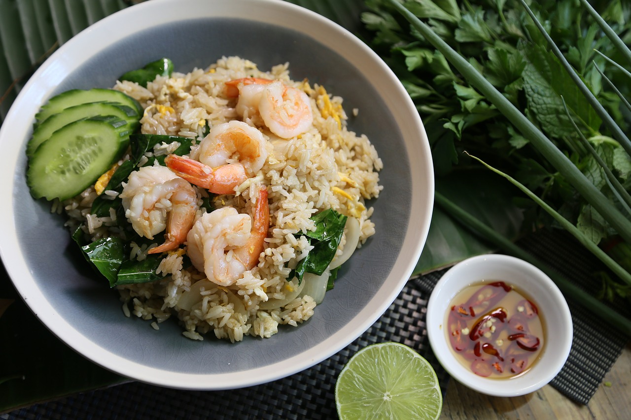 Thai Fix shrimp fried rice with cucumber, lime and chili sauce
